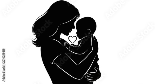 Mother holding baby silhouette, love heart symbol, maternal bond, black and white