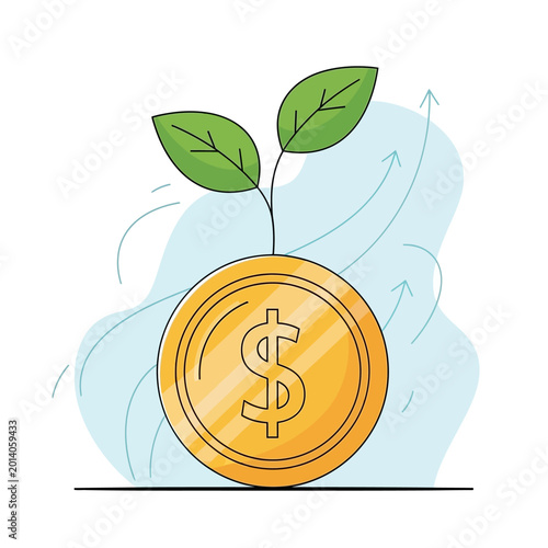 Money Growth: Coin with Sprout and Rising Arrows, Financial Investment Concept