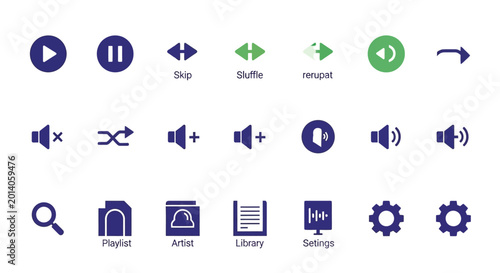 Music Player Icons Set: Play, Pause, Skip, Shuffle, Repeat, Volume, Search
