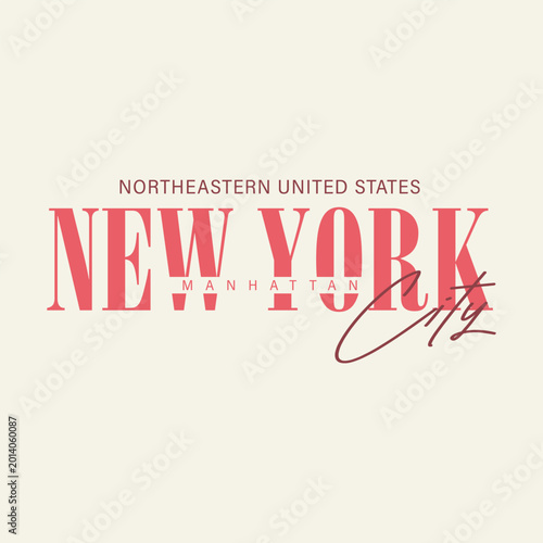 Elegant pastel pink New York City Manhattan typography vector illustration. Chic preppy aesthetic graphic with cursive script for retro t-shirt print, poster, and stylish apparel.