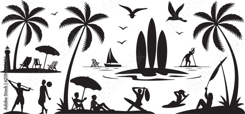 Tableau sur toile Summer beach vacation scene silhouette black vector art set design