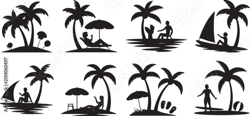 Tableau sur toile Summer beach vacation scene silhouette black vector art set design