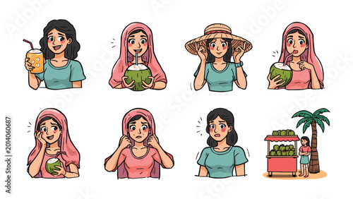 Schilderij op canvas Serene Moments of Vacation: A collection of illustrations showcases a person embracing the vacation spirit