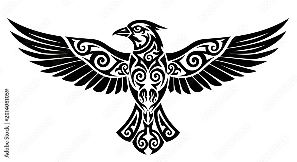 Obraz premium Tribal Raven Tattoo Design - Black Ink Bird Illustration