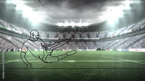 Thin line appearing forming soccer player sliding and striking ball showing kick in stadium