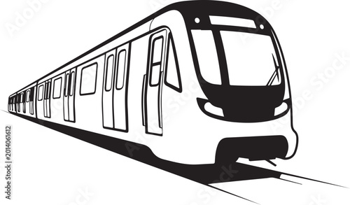 Modern subway train, metro vehicle, urban transit, black and white illustration, vector graphics