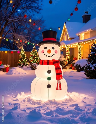 Illuminated snowman decorates a snowy yard on a winter night. Christmas lights adorn a home and trees