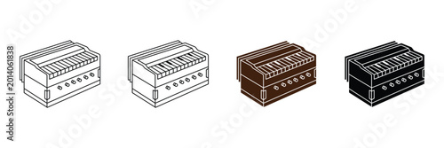 Φωτογραφία Harmonium Indian classical music instrument icon set featuring minimalist outline and isometric solid styles for traditional devotional and cultural performance