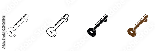 Schilderij op canvas Sitar Indian classical music instrument icon set featuring minimalist outline and solid isometric styles for traditional devotional and cultural performance