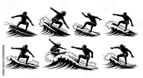 Surfers riding waves set with dynamic poses and detailed water splashes featuring surfing, ocean, sport with action and black and white elements for