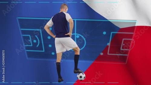 Tactical board fading in triggers soccer player standing on ball while markers moving to show play