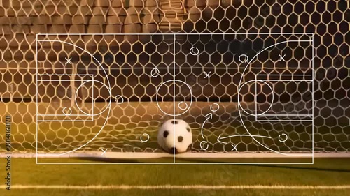 Offscreen kick sending soccer ball rolling toward goal, tactical overlay tracing plays for score