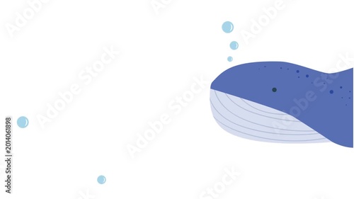 Animated blue whale entering from right edge, sliding leftward and settling center to show layout