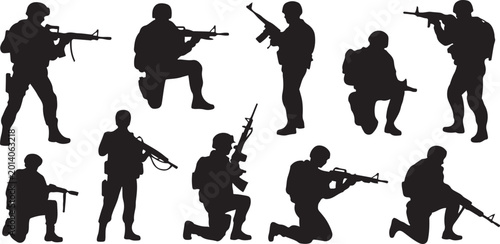 Quadro su tela Army silhouette of men soldiers with weapons, a large military vector set