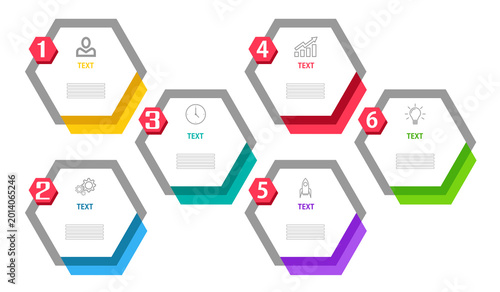 6 Steps business infographic template with hexagonal zigzag layout, process timeline diagram with icons, flat vector illustration.