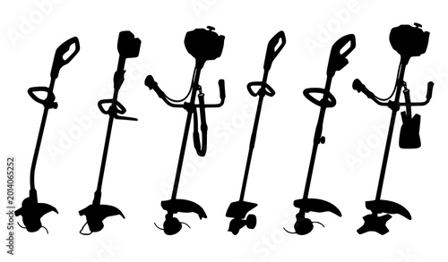 Slika na platnu Black string trimmer silhouette set of six vector icons for gardening and landsc