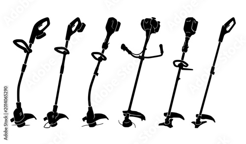 Fotografía String trimmer silhouette vector set of six black lawn care and gardening tool i