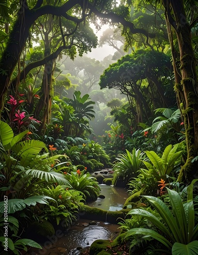 Lush rainforest scene features a vibrant stream winding through dense vegetation. Towering trees arch overhead, bathed in soft light