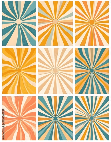 Nine retro-styled posters featuring radiating patterns. Each showcases sunburst designs with various warm color palettes