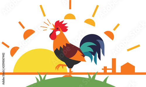 Fotografi Colorful Rooster Crowing at Sunrise Vector Illustration Featuring a Flat Farm Landscape with Rising Sun for Agriculture Branding, Poultry Identity, and Morning Concepts