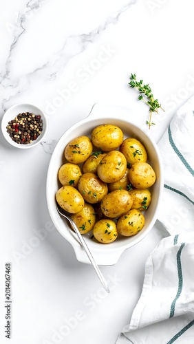 Overhead shot of a dish with golden-brown, seasoned baby potatoes, a small bowl of peppercorns, and fresh herbs on a white surface