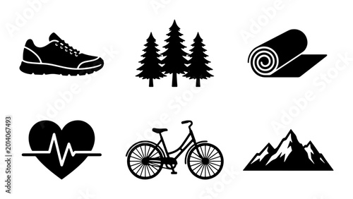 Tableau sur toile Outdoor Activity Icons: Running Shoe, Pine Trees, Yoga Mat, Heartbeat, Bicycle,