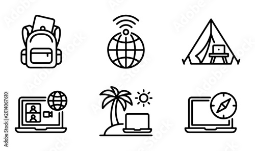 Tableau sur toile Digital Nomad Icons Set, Remote Work & Travel Graphics, Connectivity & Adventure