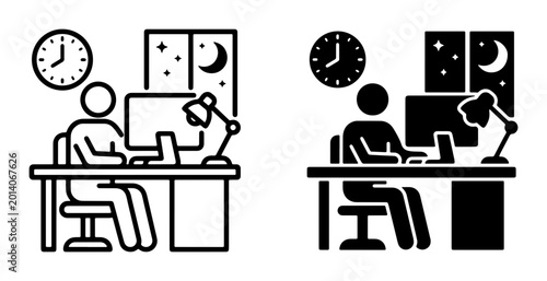 Cuadro en lienzo Overtime Work Icons, Late Night Desk Job Vector Set, Deadline Pressure Illustrat