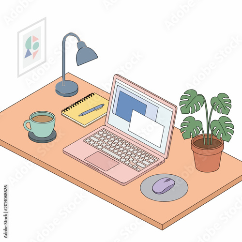 Modern Isometric Desk Setup Illustration with Laptop, Coffee, and Plant, Representing a Comfortable Home Office for Remote Work and Digital Productivity