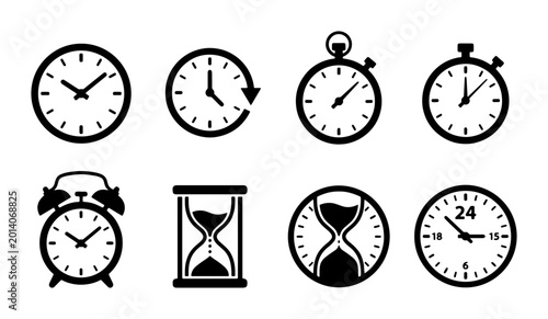 Valokuva Modern Clock and Time Icons Set, Stopwatch, Alarm, Hourglass, Timepiece Vector G