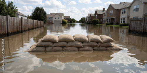 Flooded residential neighborhood with sandbags stacked in water, cloudy sky reflecting on floodwater, calm and serious atmosphere
