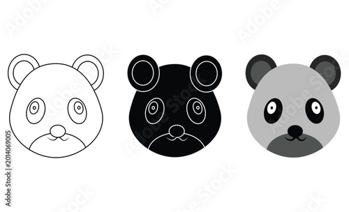 Isolated black and white cartoon illustration of a cute panda bear head character as a funny vector icon for a baby toy drawing