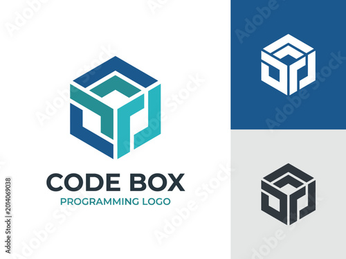 The image presents an elegant code box logo featuring 3D geometric shapes, perfect for tech-oriented companies aiming for a modern and professional branding approach.