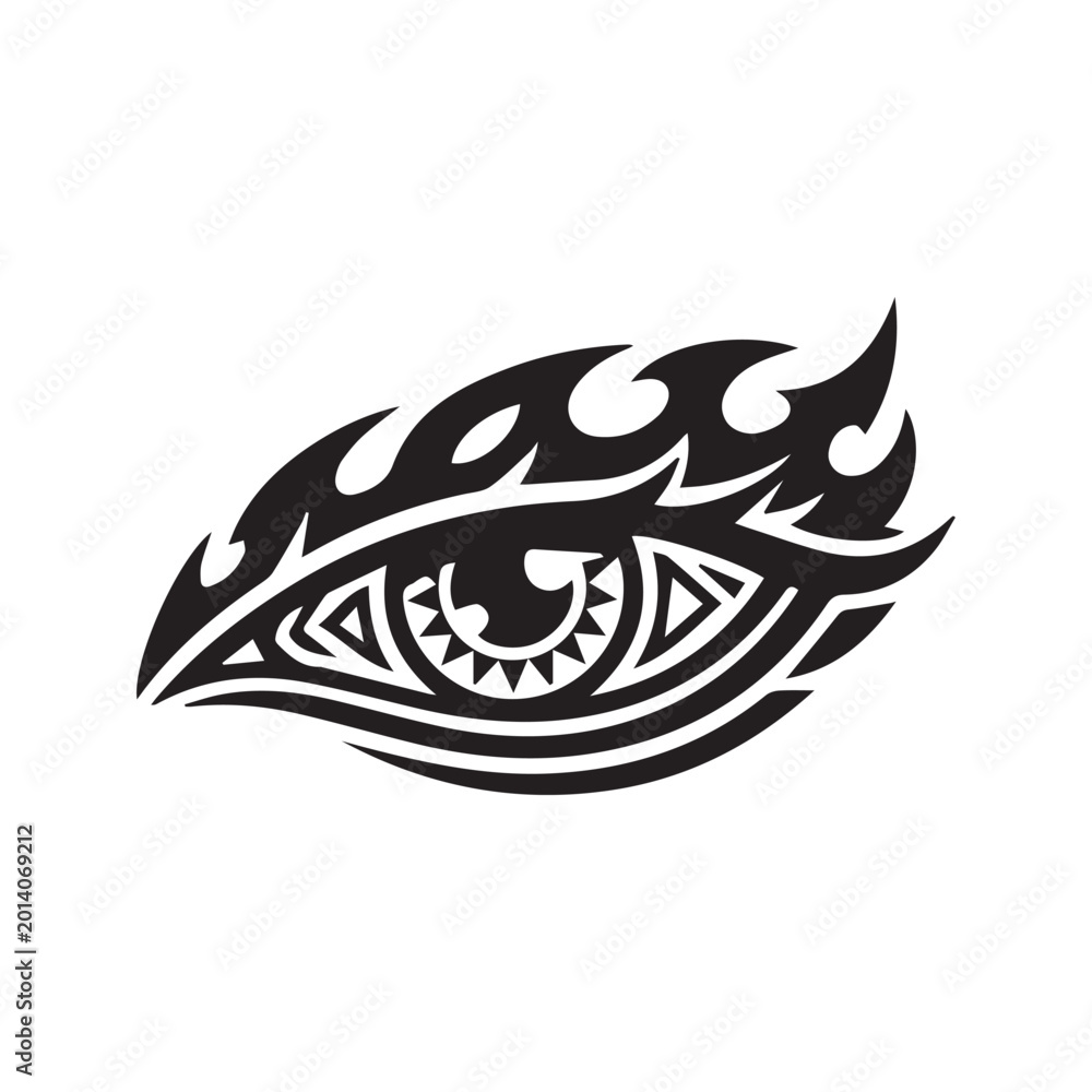 Obraz premium Abstract stylized black tribal eye symbol with flame eyebrow, aggressive tattoo logo design vector illustration isolated on white 
