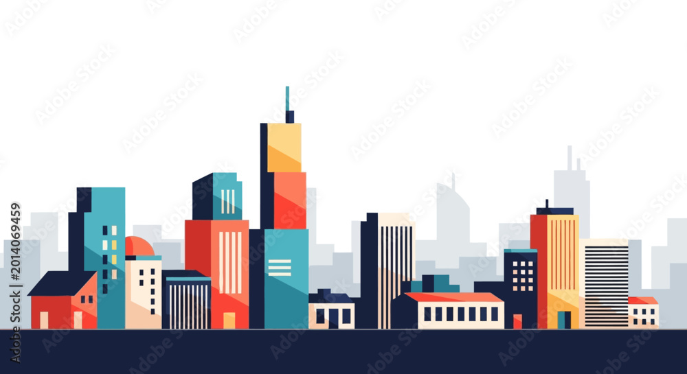 Fototapeta premium Colorful Flat Illustration of a Modern Cityscape with Various Buildings and Structures