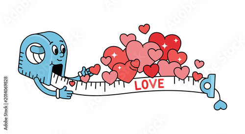 A cartoon measuring tape character with hearts and the word love on a white background