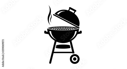 A black and white illustration of a barbecue grill with the lid open and smoke rising up