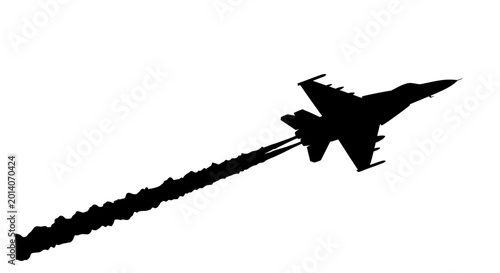 Jet fighter silhouette with contrail against white background