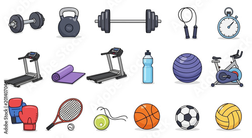 Collection of various fitness and sports equipment isolated on a white background