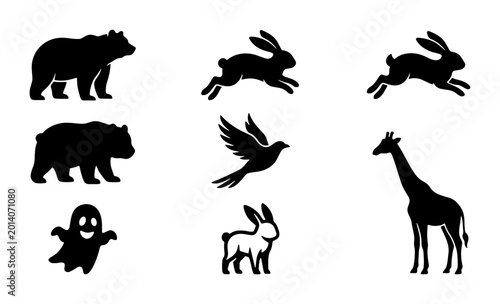 Photography Diverse Animal Silhouettes Collection, Black and White Vector Icons: Bears, Rabb