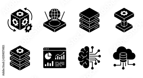 Isometric Technology Icons: Data Servers, AI Brain, Cloud Storage, Network Router, Analytics Dashboard, Gear Cubes for Digital Innovation & IT Solutions
