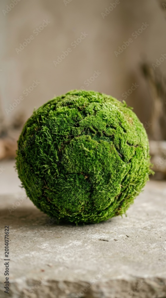 Obraz premium Moss globe sculpture on small block by window. World Environment Day eco concept.