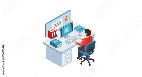 Isometric illustration of a person working at a desk with a computer and office supplies