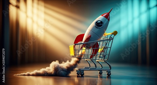 A rocket powered shopping cart blasts off into the air with smoke trailing behind.