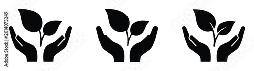 Schilderij op canvas Eco-friendly hands holding plant icons, black silhouette sprout symbols for envi