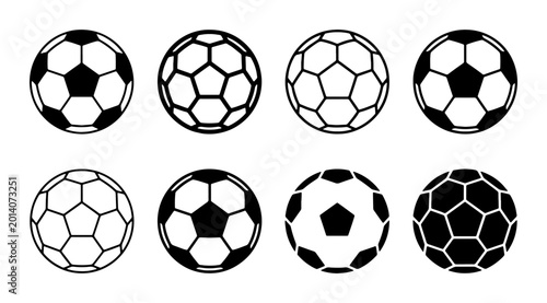Tableau sur toile Set of 8 Black and White Soccer Balls, Classic Football Icons, Sports Equipment