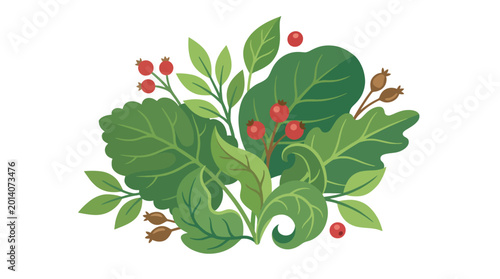 Photos An artistic representation of vibrant greenery featuring a variety of leaves and berries, symbolizing nature's beauty, freshness, and the importance of plants in life and health