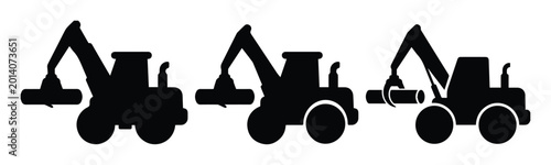 Fotografie Forestry harvester silhouette set, industrial timber crane vector icons, black l