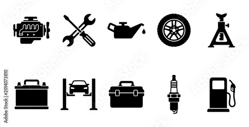 Bild auf Leinwand Automotive Service Icons: Engine, Tools, Oil, Tire, Jack, Battery, Car Lift, Too