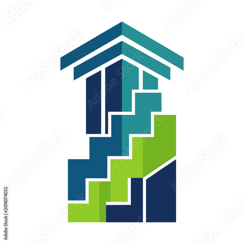 Photos An imaginative depiction of stairs in various shades of blue and green, representing personal growth, progression, and architectural splendor in a modern artistic style